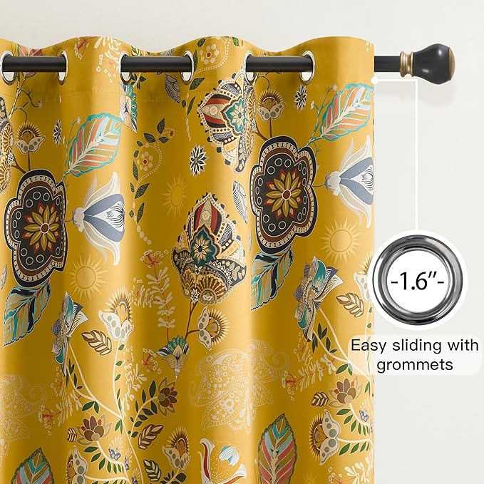 Mustard Yellow Vintage Floral Blackout Curtains & Drapes 90 Inches Long for Living Room Bedroom 2 Panels Boho Colorful Botanical Flower Leaf Printed Curtains Luxury Room Darkening Grommet Top 52x90