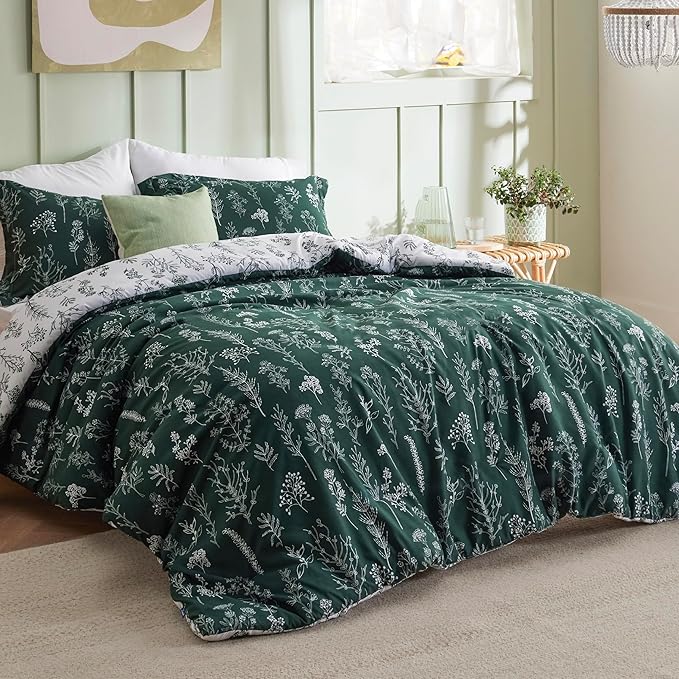 Bedsure Duvet Cover Queen Size - Reversible Emerald Green Queen Duvet Cover Set with Zipper Closure, 3 Pieces Floral Patterned Bedding Set with 8 Corner Ties and 2 Pillow Shams