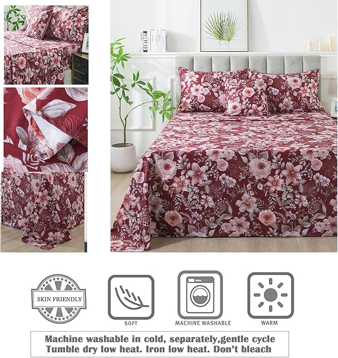 FADFAY Floral Sheets Set Twin XL Vintage Red Floral Bedding Shabby Pink Rose Elegant Peony Sheets Farmhouse Bedding 800 Thread Count 100% Egyptian Cotton Deep Pocket Fitted Sheet 4Pcs, Twin XL Size