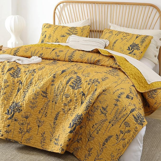 JANZAA King Size Ginger Quilt Bed Spread Boho Quilt Set 3 Pieces Lightweight Comforter Reversible Bedding Set, 1 Quilt 104x90 inches, 2 Pillowcases