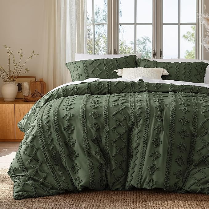 Bedsure Boho Duvet Cover King Size, Soft & Comfortable Elegant Design Boho Bedding for Decoration, Machine Washable Comforter Cover for All Seasons,Includes 1 Duvet Cover & 2 Pillow Shams,Olive Green