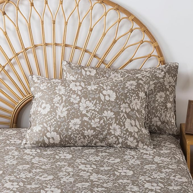 FADFAY 100% Cotton Floral Bed Sheet Set Full, Mocha Mousse Botanical Flower Bedding, Soft All-Season Cotton Sheets with Flat Sheet, Fitted Sheet & 2 Pillowcases, Vintage Cottage Style