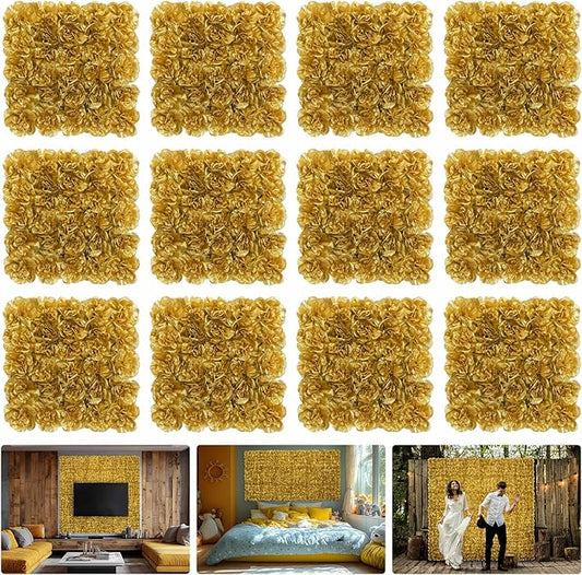 Flower Wall Backdrop12 pcs 16.5x16.5 Inch Floral Wall Panel Artificial Silk Rose Wall Decor Ideal for Wedding Celebrations, Festive Party Backdrops, and Home Decor-Gold