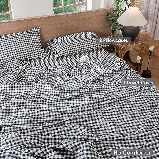 MooMee Gingham Duvet Cover Set 100% Washed Cotton Linen Like Textured Breathable Durable Soft Comfy Modern Checkered Design (Black White Gingham, Super Queen 90"x98")