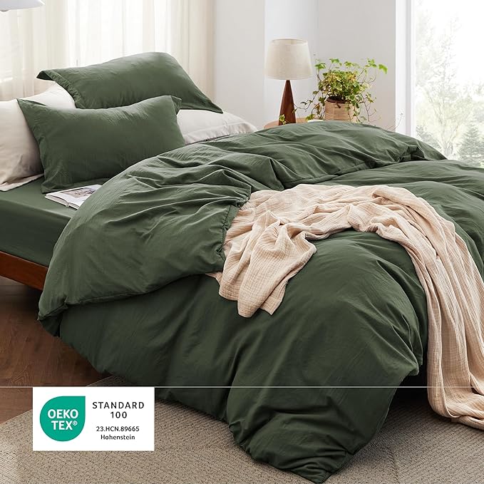Bedsure Duvet Cover Queen Size with Fitted Sheet - 4 Pieces Prewashed Cotton-Like Extra Soft Bedding Set, Includes 1 Duvet Cover 90x90 Inches, 2 Pillow Shams, 1 Fitted Sheet, Olive Green