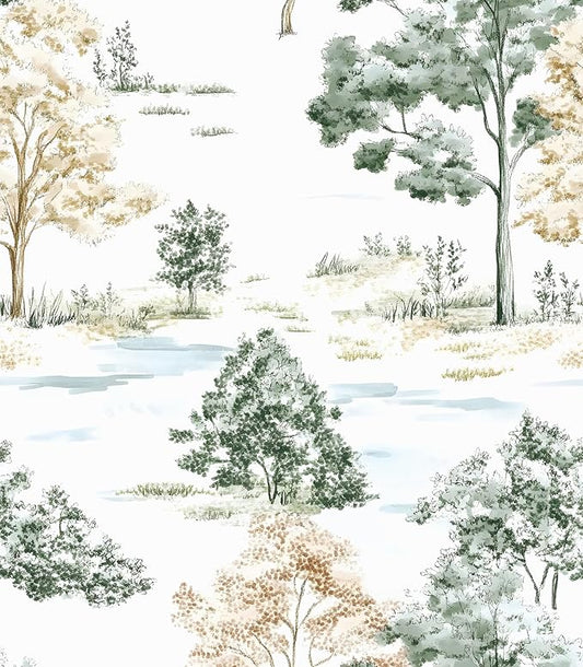 Trees Wallpaper Peel and Stick, White/Green/Yellow Forest Contact Paper, Modern Botanical Landscape Woodland Wall Paper Self Adhesive Waterproof Removable for Shelves Cabinet Drawer Table 17.5" x 118"