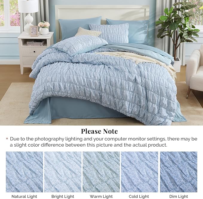 Queen Comforter Set - 7 Pieces Blue Classic Puff Floral Bedding Sets for All Seasons, Shabby Chic Farmhouse Bed in a Bag Queen with Wildflowers Fluffy Comforter, Sheets, Pillowcases & Shams