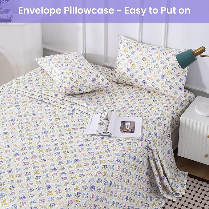 Softan Floral Twin Sheet Set, 3-Piece Microfiber Printed Fitted Sheet with 15" Deep Pockets & Non-Slip Straps, Multi Flower Patterned Single Bedding Sheets & Pillowcase Set