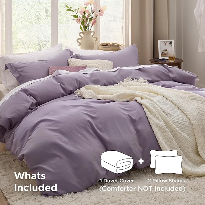 Bedsure Grayish Purple Duvet Cover Queen Size - 3 Pieces Prewashed Cotton-Like Extra Soft Bedding Set, Includes 1 Duvet Cover 90x90 Inches with Zipper Closure & 2 Pillow Shams, Comforter Not Included