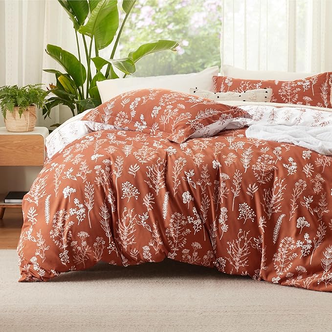 Bedsure Duvet Cover King Size - Reversible Terracotta King Duvet Cover Set with Zipper Closure, 3 Pieces Floral Patterned Bedding Set with 8 Corner Ties and 2 Pillow Shams