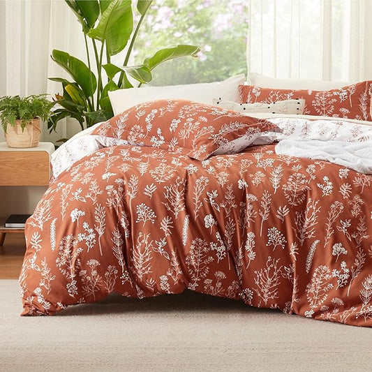 Bedsure Duvet Cover King Size - Reversible Terracotta King Duvet Cover Set with Zipper Closure, 3 Pieces Floral Patterned Bedding Set with 8 Corner Ties and 2 Pillow Shams