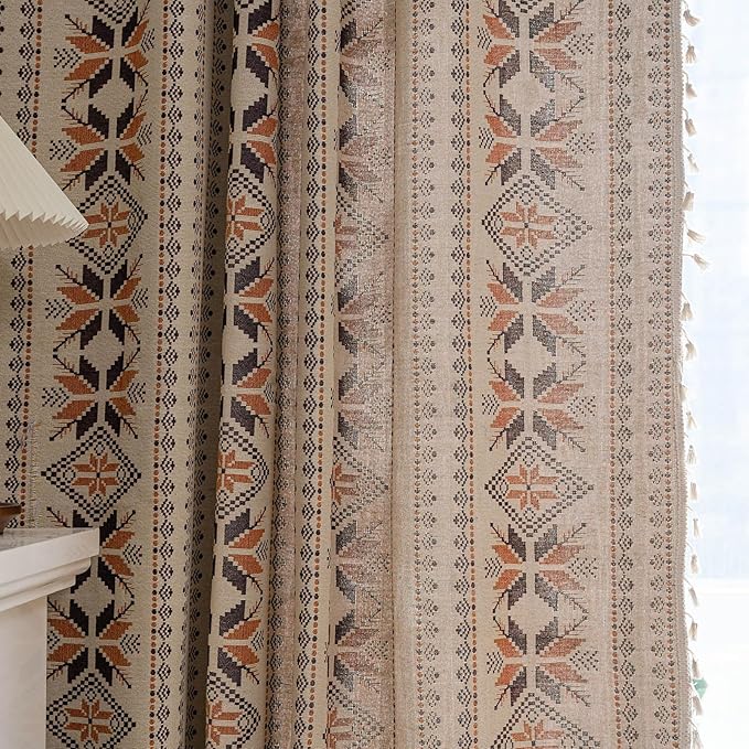 Boho Curtains 96 Inch Length 2 Panels Geometric Patterned Drapes Bohemian Semi Sheer Rod Pocket Tassel Window Curtain Panels for Bedroom Living Room Farmhouse Coffee Brown Vintage Rustic Curtains
