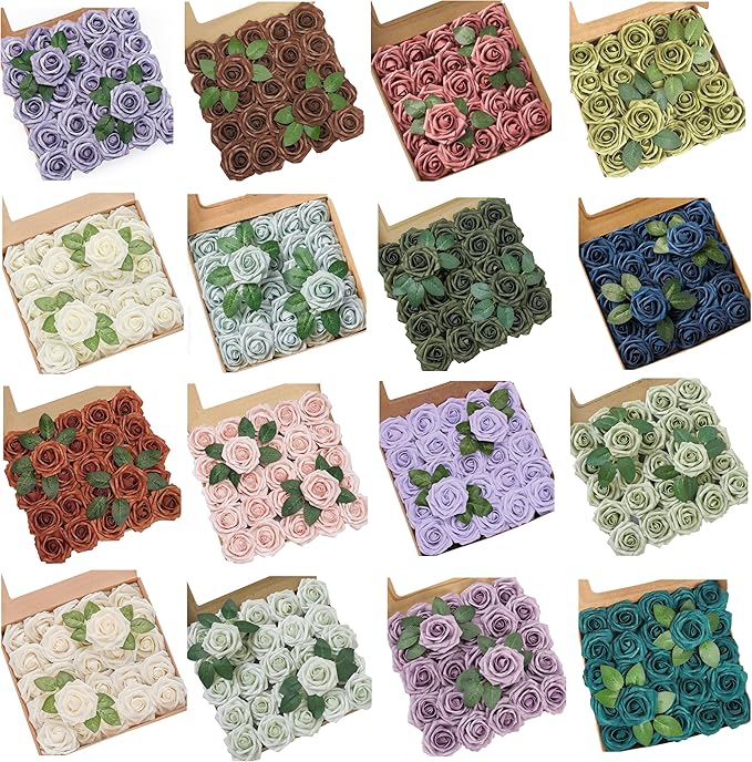 Artificial Flowers, 100pcs Artificial Rose Personalized Custom Colors for Centerpieces Arrangements, Foam Flowers with Stem for Bridal Shower Party Home Decorations