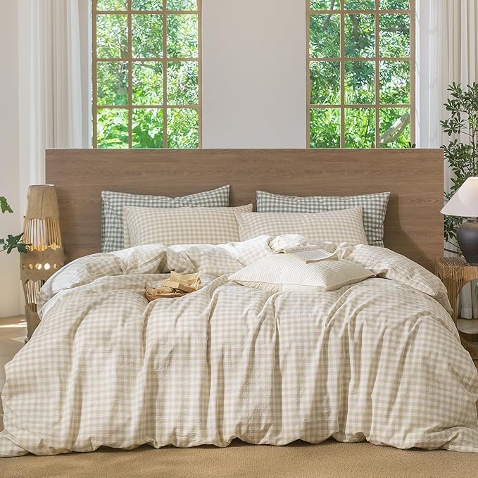 MooMee Gingham Duvet Cover Set 100% Washed Cotton Linen Like Textured Breathable Durable Soft Comfy Modern Checkered Design (Almond Milk Grey Gingham, Twin 68"x90")