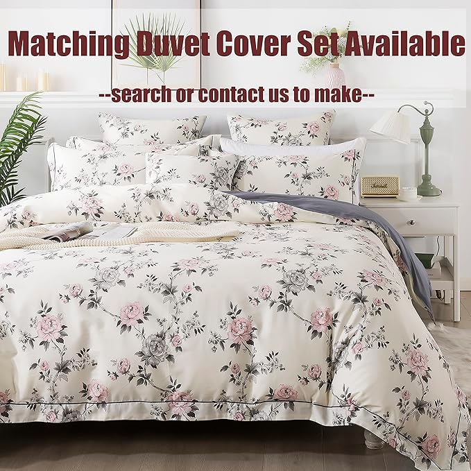 FADFAY Floral Sheets Set Queen Vintage Rose Floral Bedding Shabby Grey and Pink Peony Printed Sheets Farmhouse Bedding 800 Thread Count 100% Egyptian Cotton Deep Pocket Fitted Sheet 4Pcs, Queen Size