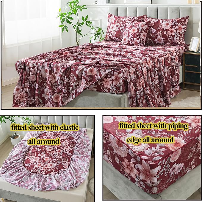 FADFAY Floral Sheets Set Full Vintage Red Floral Bedding Shabby Pink Rose Elegant Peony Sheets Rustic Farmhouse Bedding 800 Thread Count 100% Egyptian Cotton Deep Pocket Fitted Sheet 4Pcs, Full Size