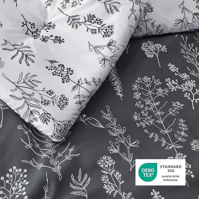 Bedsure Queen Comforter Set - Dark Grey Bed Set, 3 Pieces Cute Floral Bedding, 1 Soft Reversible Botanical Flowers Comforter and 2 Pillow Shams