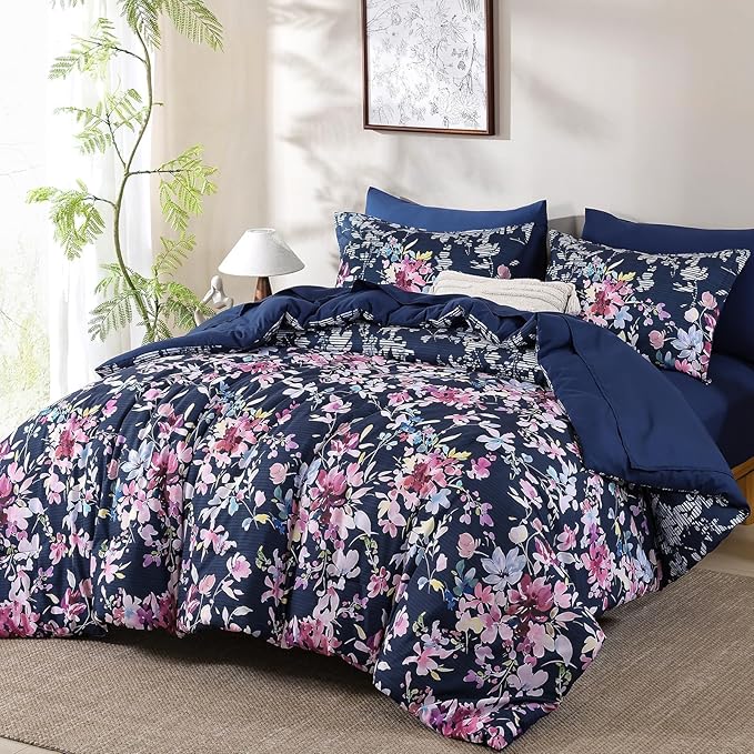 Dobuyly Queen Comforter Set, 7 Pieces Navy Blue Floral Comforter Set, Bed in a Bag Queen with Botanical Flowers Pattern, All Season Farmhouse Queen Size Bedding Set with Sheets, Pillowcases & Shams