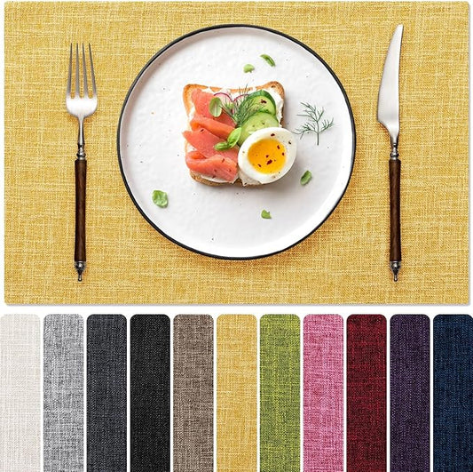 Blue Forest Placemats Set of 6, Dual-Layered Thickened Faux Linen Cloth Place Mats Heat Resistant Machine Washable Wrinkle Free Table Mats Indoor/Outdoor (Yellow)
