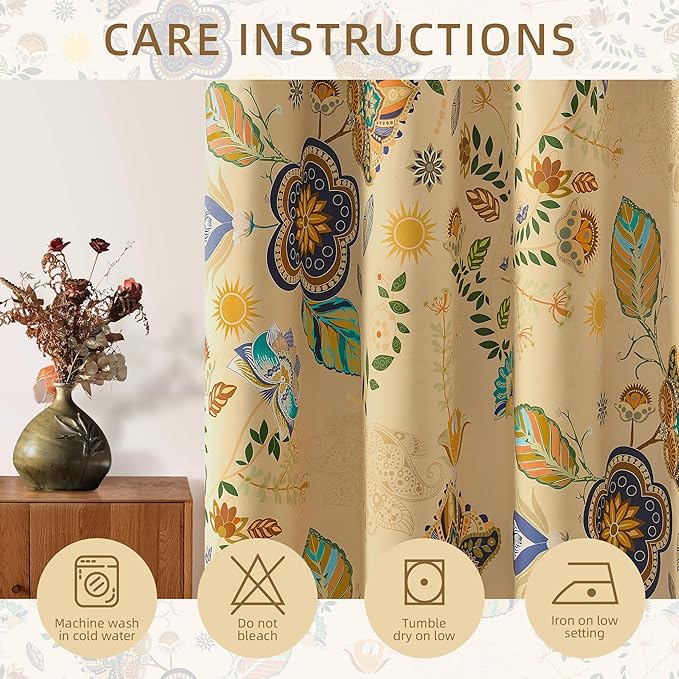 XiDi Beige Vintage Floral Curtains Boho Blackout Curtains Patterned 84 Inches Long 2 Panels for Bedroom Living Room Thermal Insulated Grommet Luxury Colorful Botanical Flower Leaf Printed Drapes 52x84