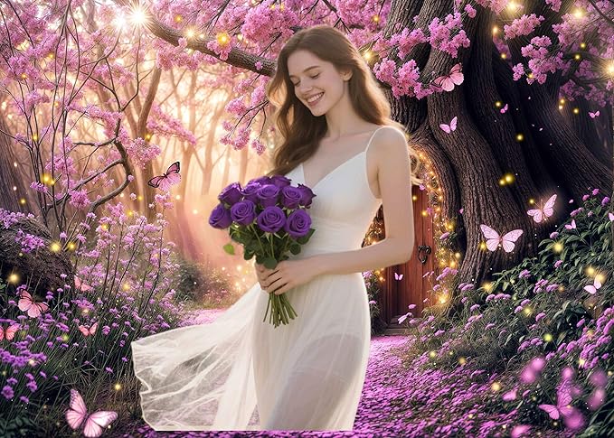 5X3ft Enchanted Forest Backdrop Fairy Tale Purple Garden Wonderland Tree House Floral Background for Kids Girl Baby Shower Birthday Party Decoration Banner Cake Table Photo Booth Props