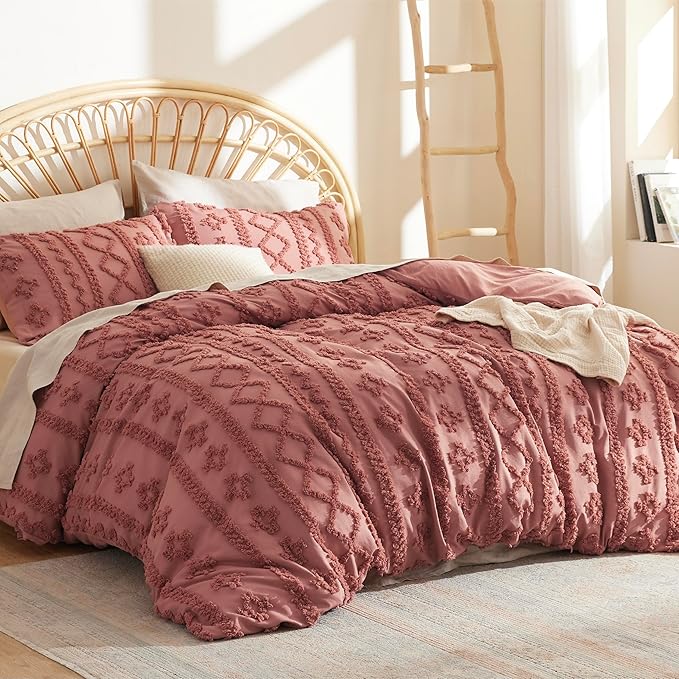 Bedsure Boho Duvet Cover King Size, Soft & Comfortable Elegant Design Boho Bedding for Decoration, Machine Washable Comforter Cover for All Seasons,Includes 1 Duvet Cover & 2 Pillow Shams,Pink