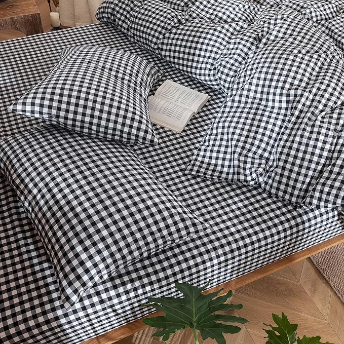 MooMee Gingham Duvet Cover Set 100% Washed Cotton Linen Like Textured Breathable Durable Soft Comfy Modern Checkered Design (Black White Gingham, Super Queen 90"x98")