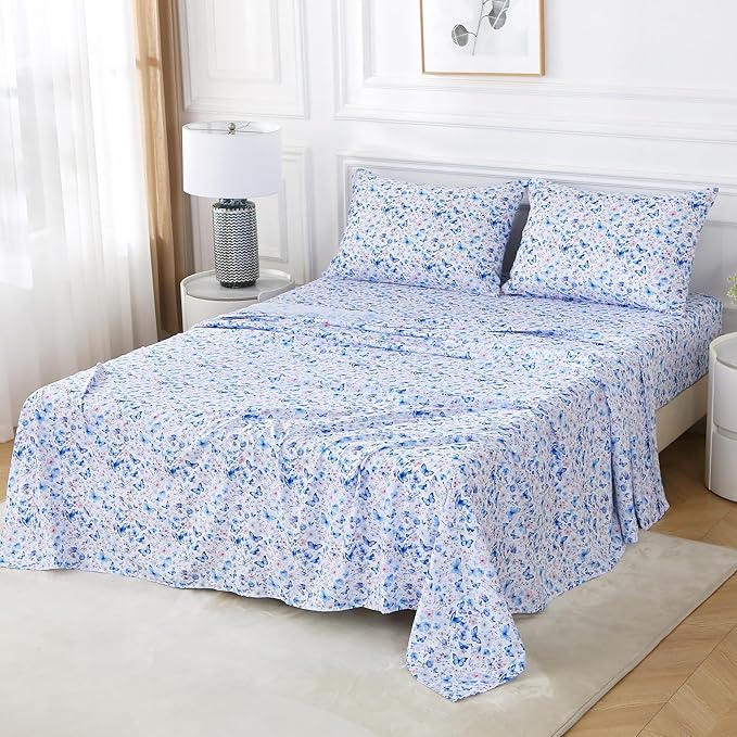 Softan Full Floral Sheets, Microfiber Blue Flower Printed Fitted Sheets with Non-Slip Corner Straps and 15" Deep Pocket, Butterfly Patterned Cozy Bed Sheets Double Sheets & Pillowcase Sets