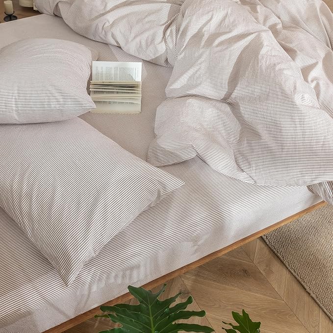 MooMee Striped Duvet Cover Set 100% Washed Cotton Linen Like Textured Breathable Durable Soft Comfy (Orange Pinstripes, Twin 68"x90")
