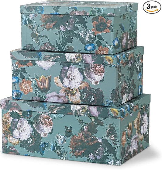 Soul & Lane Decorative Storage Cardboard Boxes with Lids | Elegance in Bloom - Set of 3 | Floral Moody Paperboard Nesting Boxes