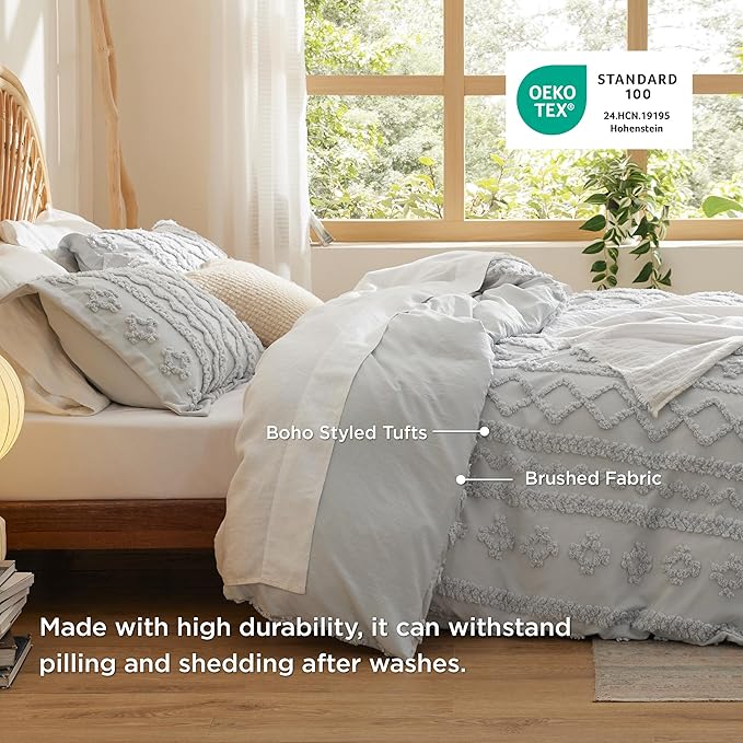 Bedsure Boho Duvet Cover Queen Size, Soft & Comfortable Elegant Design Boho Bedding for Decoration, Machine Washable Comforter Cover for All Seasons,Includes 1 Duvet Cover & 2 Pillow Shams,Light Grey