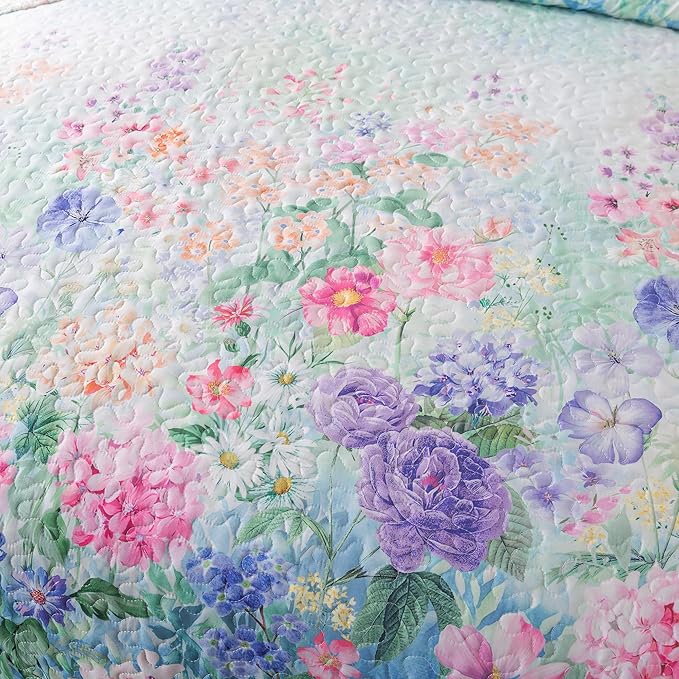 HoneiLife Queen Quilt Bedding Set - Floral Quilt Sets for Queen Bed, 3-Piece Wildflower Bedspreads,Botanical Coverlets Bed Cover, Microfiber Bedding Set All Season Quilts-Dream Garden,Purple