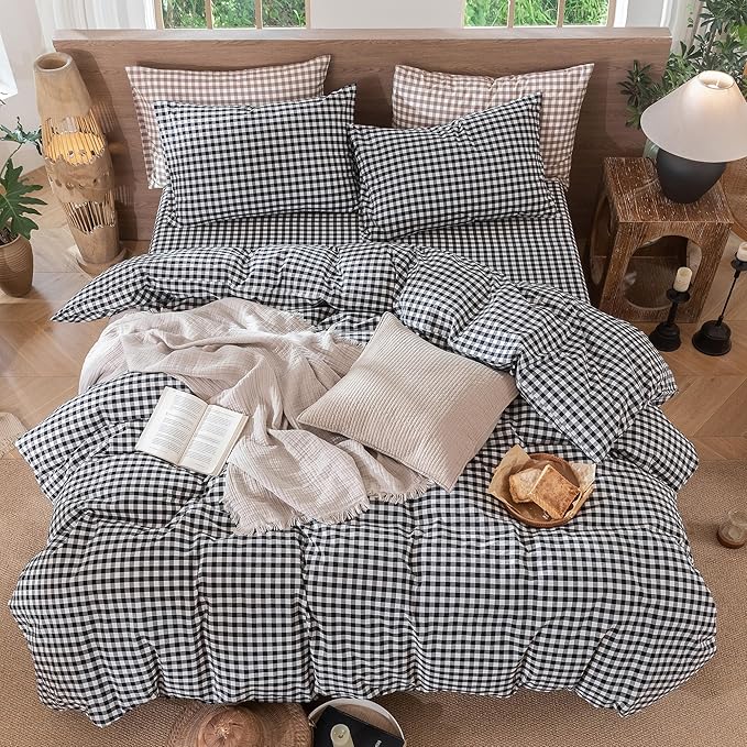 MooMee Gingham Duvet Cover Set 100% Washed Cotton Linen Like Textured Breathable Durable Soft Comfy Modern Checkered Design (Black White Gingham, Twin 68"x90")