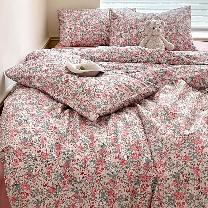 HighBuy Girl Duvet Cover Full Pink Floral Bedding Set - Shabby Chic Boho Cotton Coquette Duvet Cover Set Twin Size - Comforter Cover Set,3 Piece Bed Set(1 Duvet Cover 80"x90" and 2 Pillow Shams)