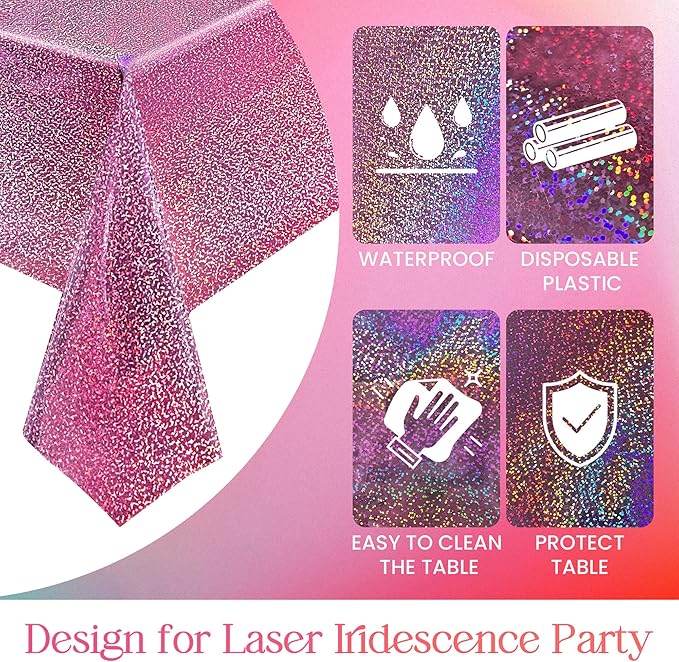 2 pcs Pink Holographic Plastic Tablecloths Laser Table Covers 40" x 108" Foil Disposable Table Cloths for Party Birthday Wedding Christmas Holiday Party Decorations