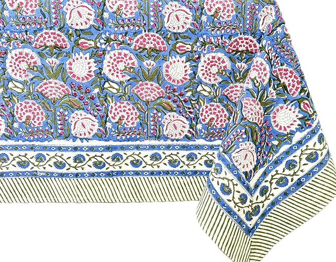 ATOSII Clover Pink 100% Cotton Rectangle Boho Fall Tablecloth, Handblock Floral Table Cloth Linen for Kitchen Dining I Parties Wedding Outdoors Christmas Thanksgiving I 72 X 140 Inches I 12 Seater