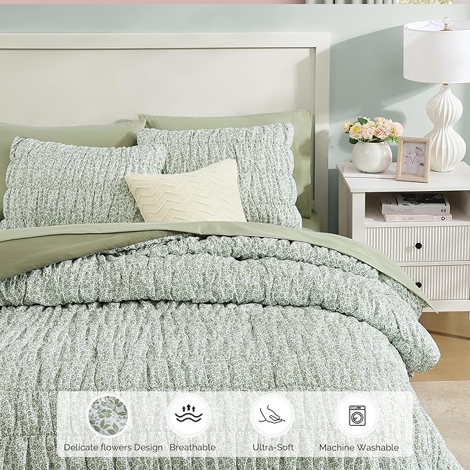 King Comforter Set-7 Pieces Sage Green Classic Puff Floral Bedding Sets for All Seasons,Shabby Chic Farmhouse Bed in a Bag King with Wildflowers Fluffy Comforter,Sheets, Pillowcases & Shams