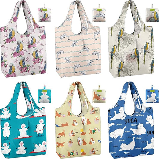 BeeGreen Reusable Grocery Bags 6 Pack, Heavy Duty Totes for Women, Foldable Grocery Bag Large Shopping Totes with Handles for Work, Travel, Gift, Store, Polyester Washable Reusable Tote Bag