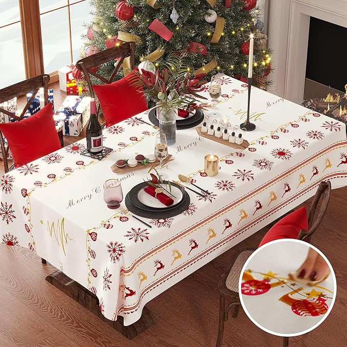 Christmas Rectangle Table Cloth,100% Waterproof Tablecloth,Christmas Decorations for Home, Vinyl Tablecloth Plastic Table Cover for Party，Picnic,Dining,Outdoor 54" x 78",Merry Ribbon