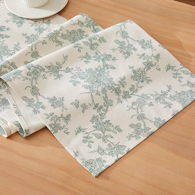 100% Cotton French Pastoral Table Runners, 13x108 Inch Vintage Green Farmhouse Table Runners 108 Inches Long, Vintage Flowers Print Home Decors
