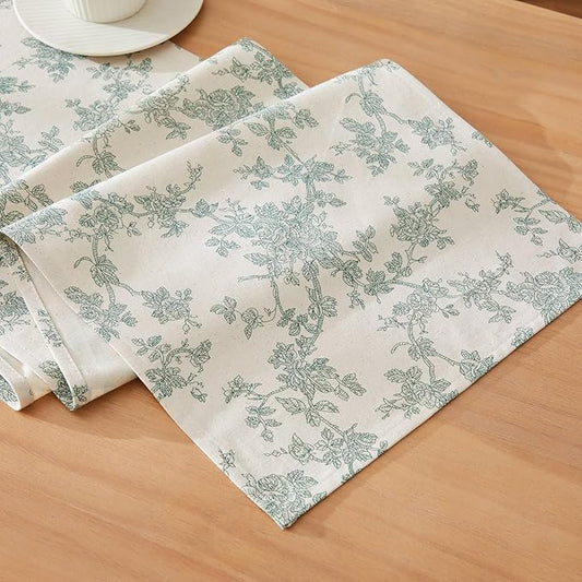 100% Cotton French Pastoral Table Runners, 13x72 Inch Vintage Green Farmhouse Table Runners 72 Inches Long, Vintage Flowers Print Home Decors