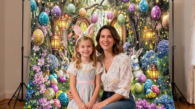 20X10ft Enchanted Forest Easter Backdrop Fairy Tale Rabbit Magic Garden Easter Egg Wonderland Floral Photography Background for Kids Girls Party Decoration Cake Table Photo Booth Props