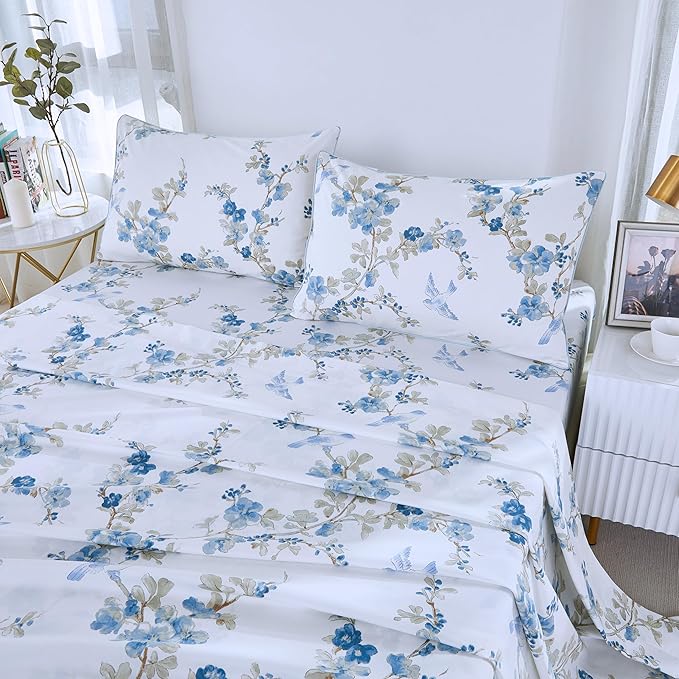 Brandream King Size Sheet Set Luxury Floral Blossom Birds Bedding Collections 800 Thread Count 100% Egyptian Cotton Deep Pocket, 4 Piece White Botanical Branches Blue Flower
