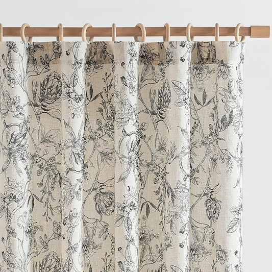 jinchan Floral Curtains 63 Inch Length Black Flower Linen Farmhouse Curtain for Living Room French Country Vintage Curtain Rod Pocket Curtains Set 2 Panels Balck Floral Printed