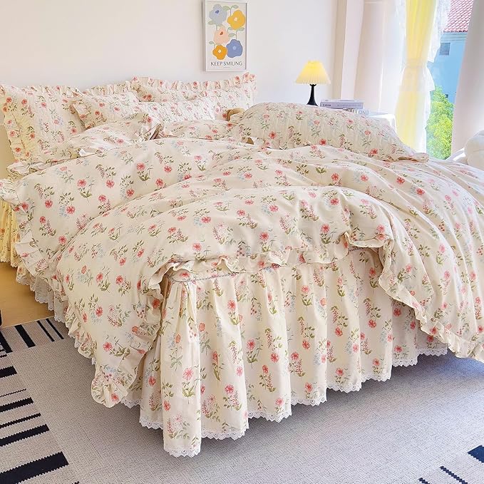 EAVD French Garden Style Ruffle Pink Flower Duvet Cover King Soft Cotton Shabby Chic Pink Flower Bedding Set with 2 Pillowcases Romantic Botanical Print Duvet Cover with Zipper Closure