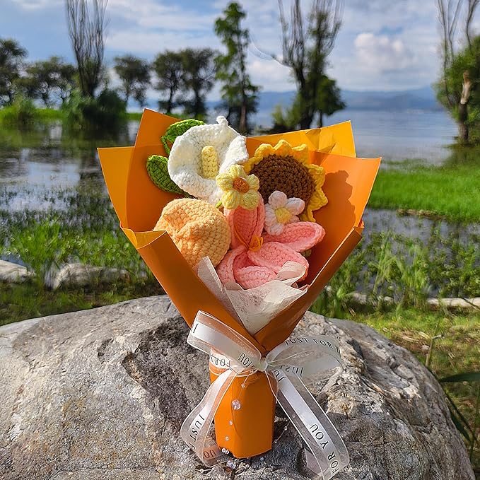 Crochet Flower Bouquet, Orange Tulip Handmade Crochet Flowers Knitted Bouquet for Birthday, Wedding, Anniversary, Graduation Gift for Her, Girlfriend, Wife, Womeng (Orange)