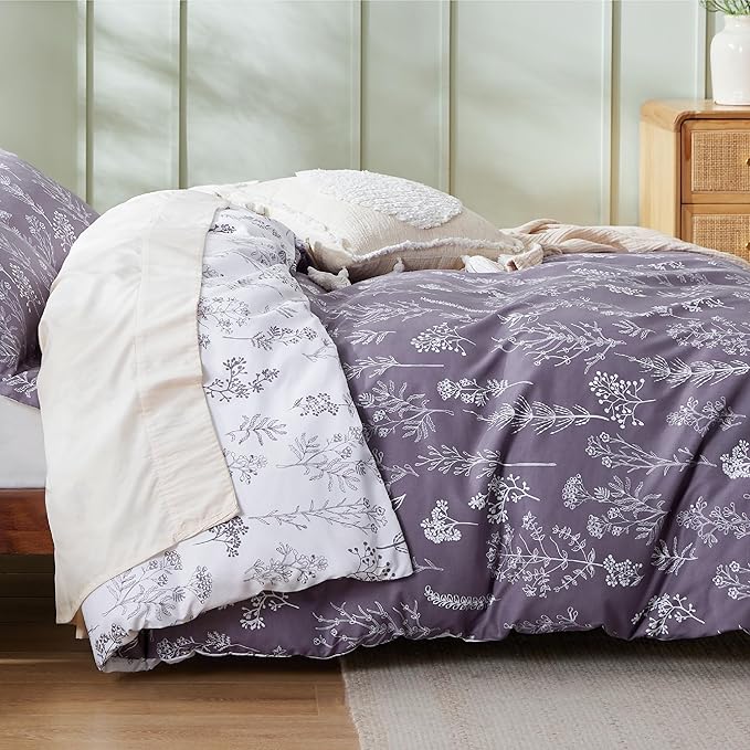 Bedsure Duvet Cover King Size - Reversible Grayish Purple King Duvet Cover Set with Zipper Closure, 3 Pieces Cute Floral Patterned Bedding Set with 8 Corner Ties and 2 Pillow Shams