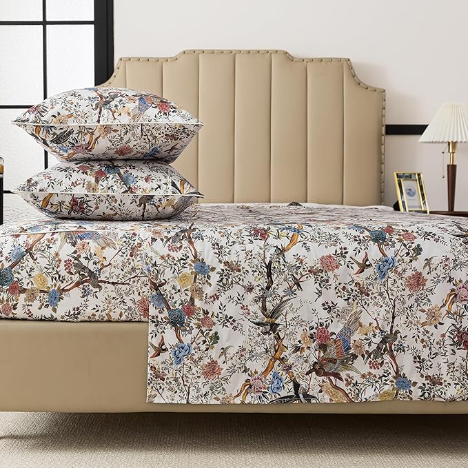 FADFAY Sheets Set King Botanical Bird Floral Bed Sheets Set Vintage Mocha Mousse Farmhouse Bedding Shabby Branches Bedding 100% Egyptian Cotton Breathable Soft 17.7" Deep Pocket 4Pcs, King Size