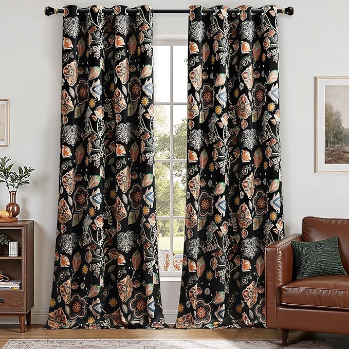 XiDi Black Dark Floral Curtains 102 Inches Long 2 Panels 100% Blackout Patterned Curtains Thermal Insulated Luxury Vintage Flower Botanical Printed Drapes Grommet for Living Room Bedroom Decor 52x102