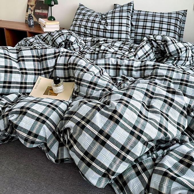 LifeTB 3 Pieces Plaid Comforter Set Full Size, Soft Fluffy Vintage Plaid Checkered Comforter with 2 Pillowcases, Lightweight Breathable Grey Black Gingham Bedding Comforter Farmhouse Grid Bedding Set